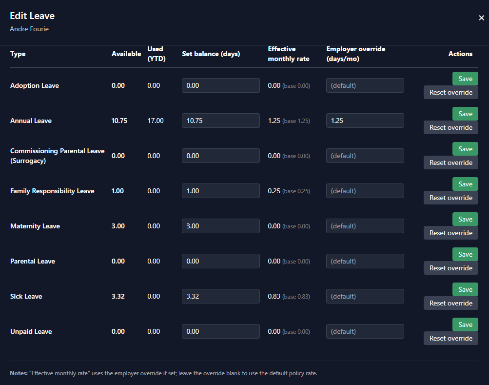Leave management module screenshot